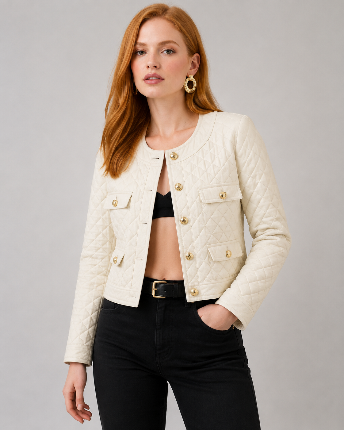 Women's Quilted White Leather Trucker Jacket - Casual Style front view by avanzar leather