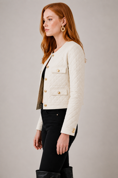 Women's Quilted White Leather Trucker Jacket - Casual Style sid view by avanzar leather