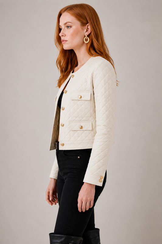 Women's Quilted White Leather Trucker Jacket - Casual Style sid view by avanzar leather
