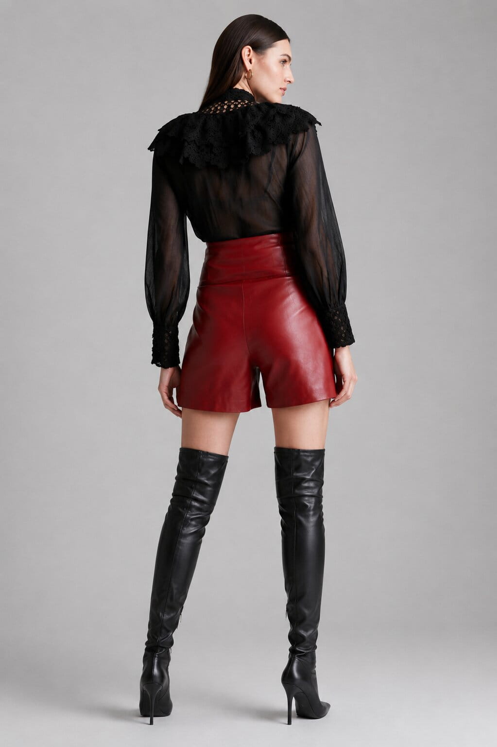 Women's Red High-Waist Military Button Leather Shorts - Bold Style back view by avanzar leather