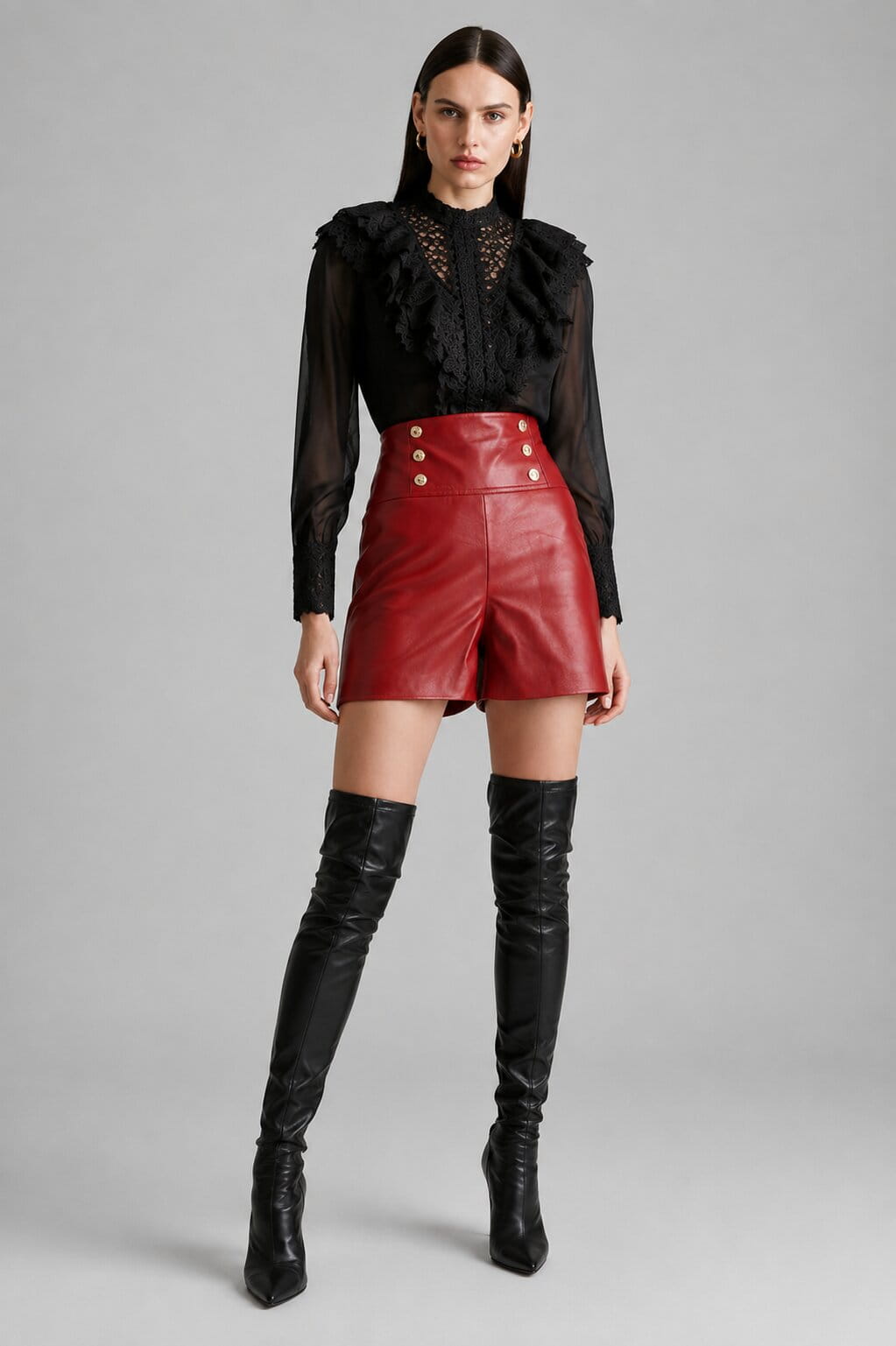 Women's Red High-Waist Military Button Leather Shorts - Bold Style front view by avanzar leather