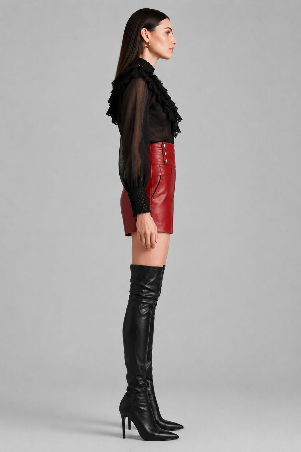 Women's Red High-Waist Military Button Leather Shorts - Bold Style sid view by avanzar leather