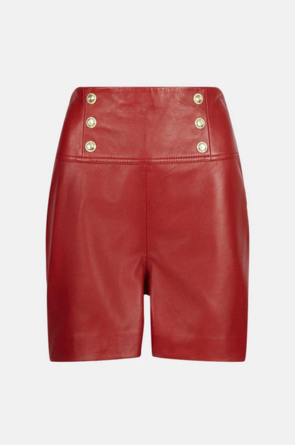 Women's Red High-Waist Military Button Leather Shorts