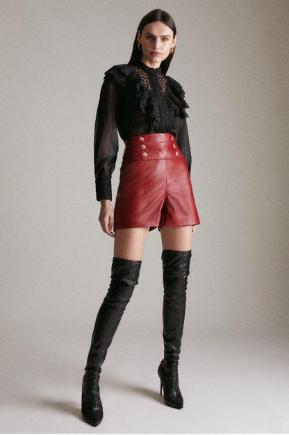 Women's Red High-Waist Military Button Leather Shorts