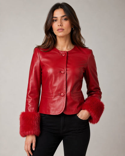 Women's Red Leather Biker Jacket - Warm Faux Fur Lined Style front view by avanzar leather