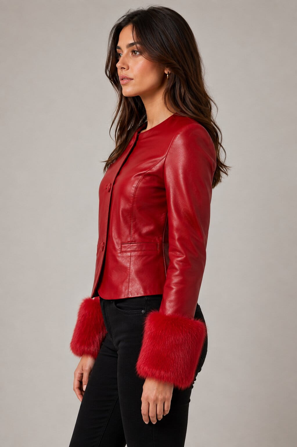 Women's Red Leather Biker Jacket - Warm Faux Fur Lined Style sid view by avanzar leather