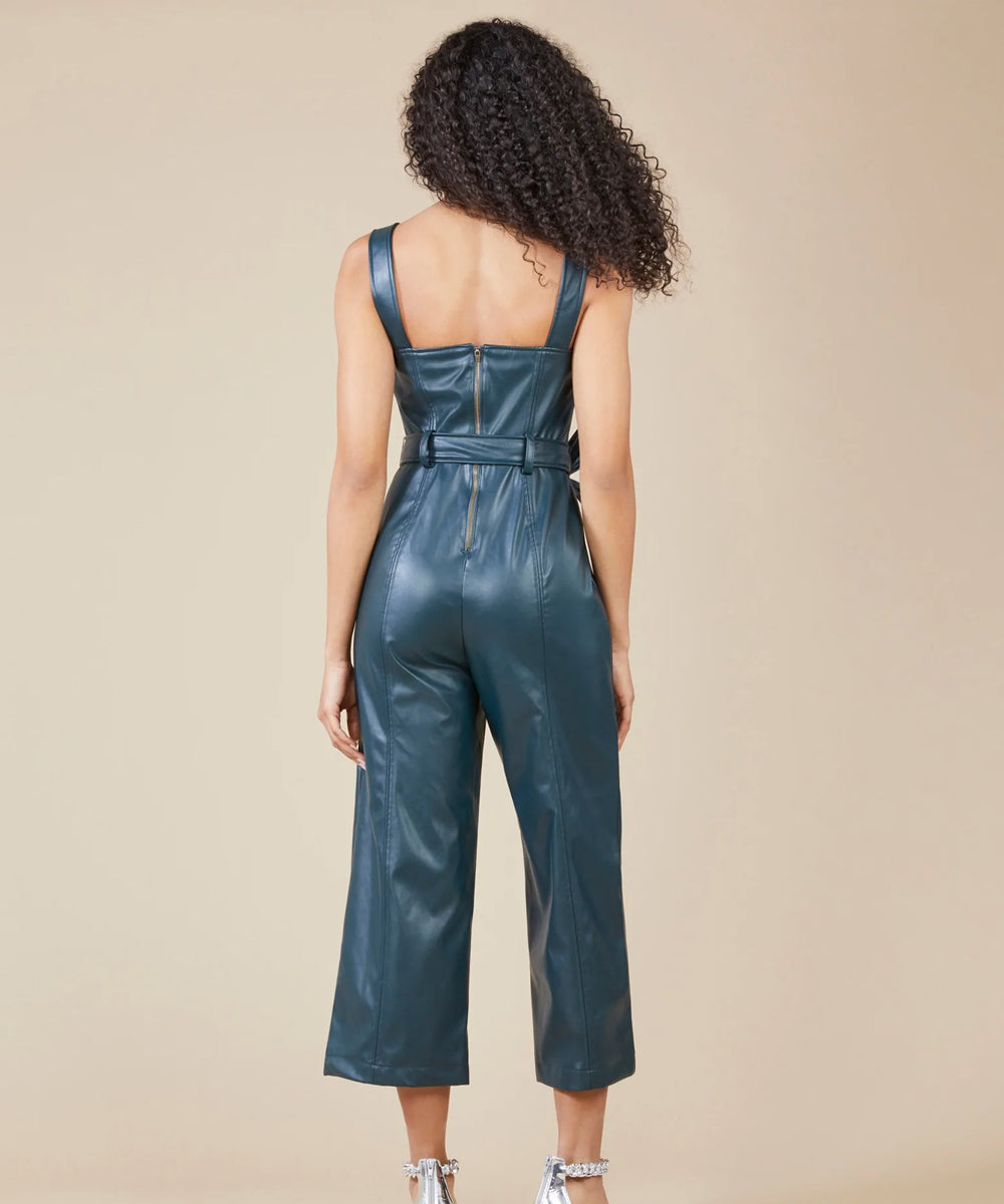 Women's Sleeveless Utility Leather Jumpsuit with Belted Waist