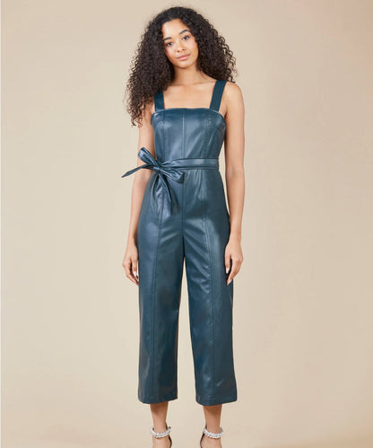 Women's Sleeveless Utility Leather Jumpsuit with Belted Waist