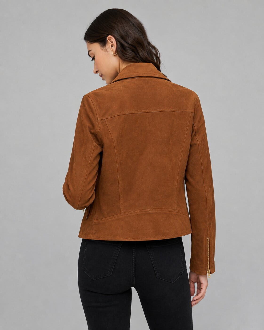 Women's Tan Suede Leather Biker Jacket - Rugged Modern Look back view by avanzar leather