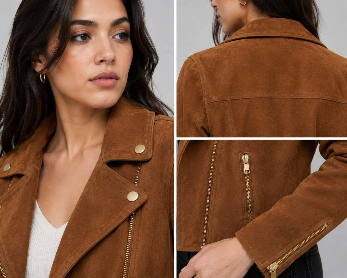 Women's Tan Suede Leather Biker Jacket - Rugged Modern Look closeup view by avanzar leather