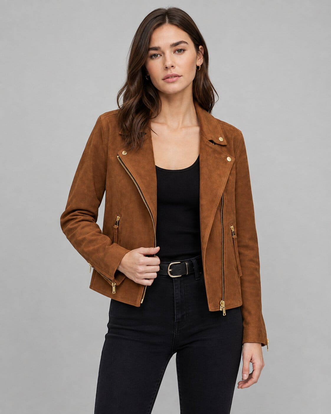 Women's Tan Suede Leather Biker Jacket - Rugged Modern Look front view by avanzar leather