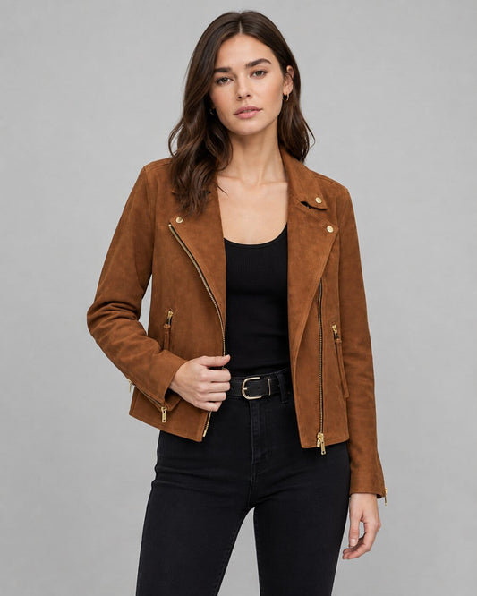Women's Tan Suede Leather Biker Jacket - Rugged Modern Look front view by avanzar leather