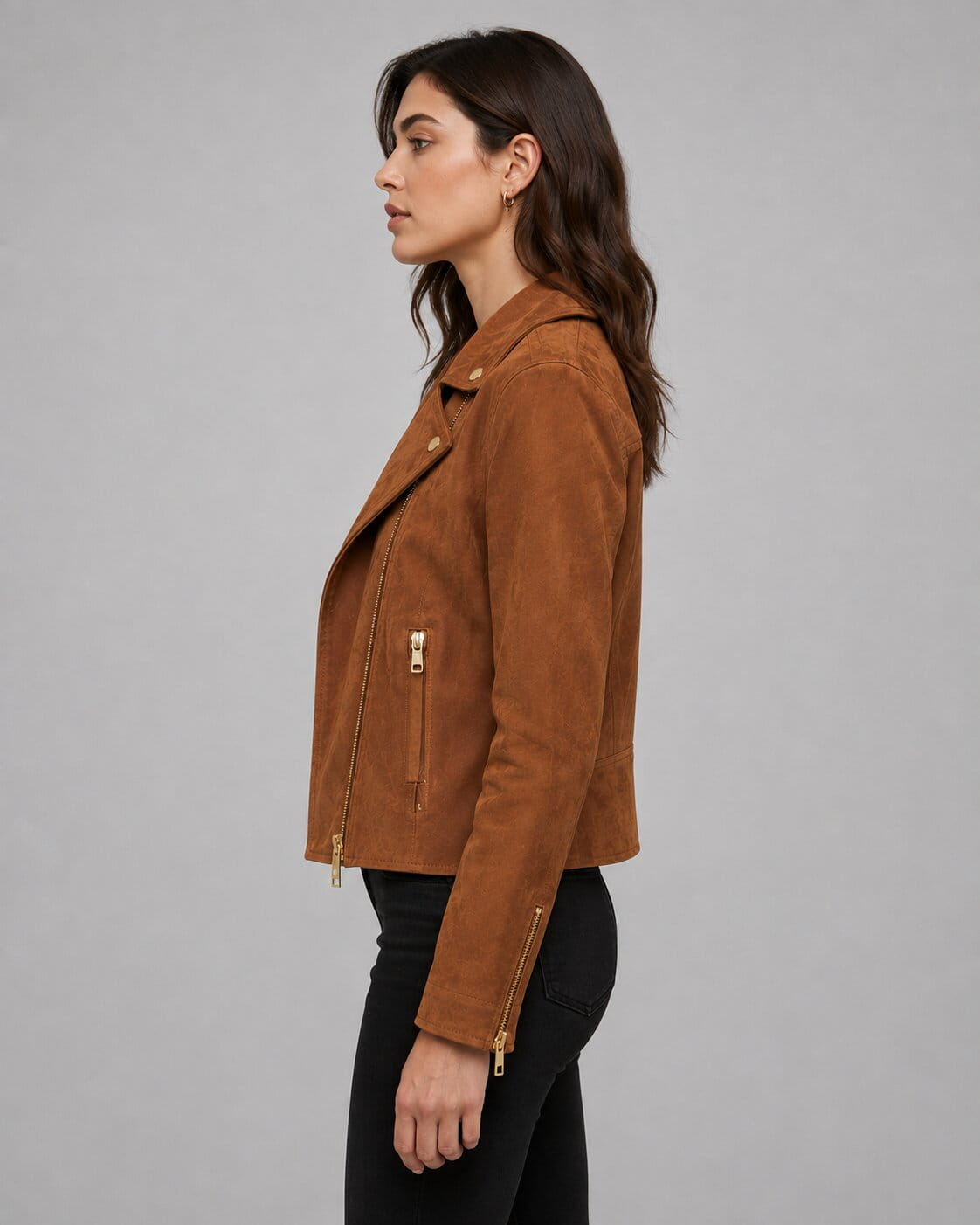 Women's Tan Suede Leather Biker Jacket - Rugged Modern Look sid view by avanzar leather