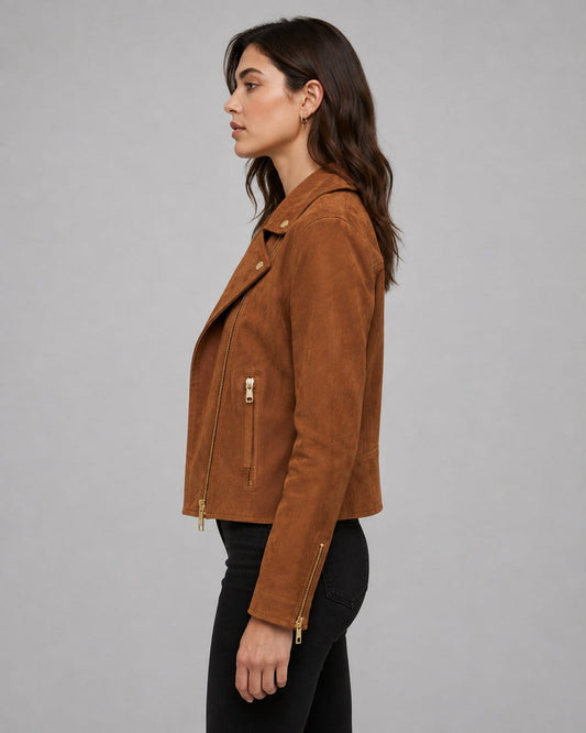 Women's Tan Suede Leather Biker Jacket - Rugged Modern Look sid view by avanzar leather