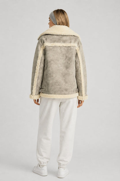 Women's White Distressed Shearling Bomber Leather Jacket back view by avanzar leather