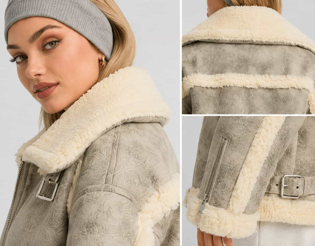 Women's White Distressed Shearling Bomber Leather Jacket closeup view by avanzar leather