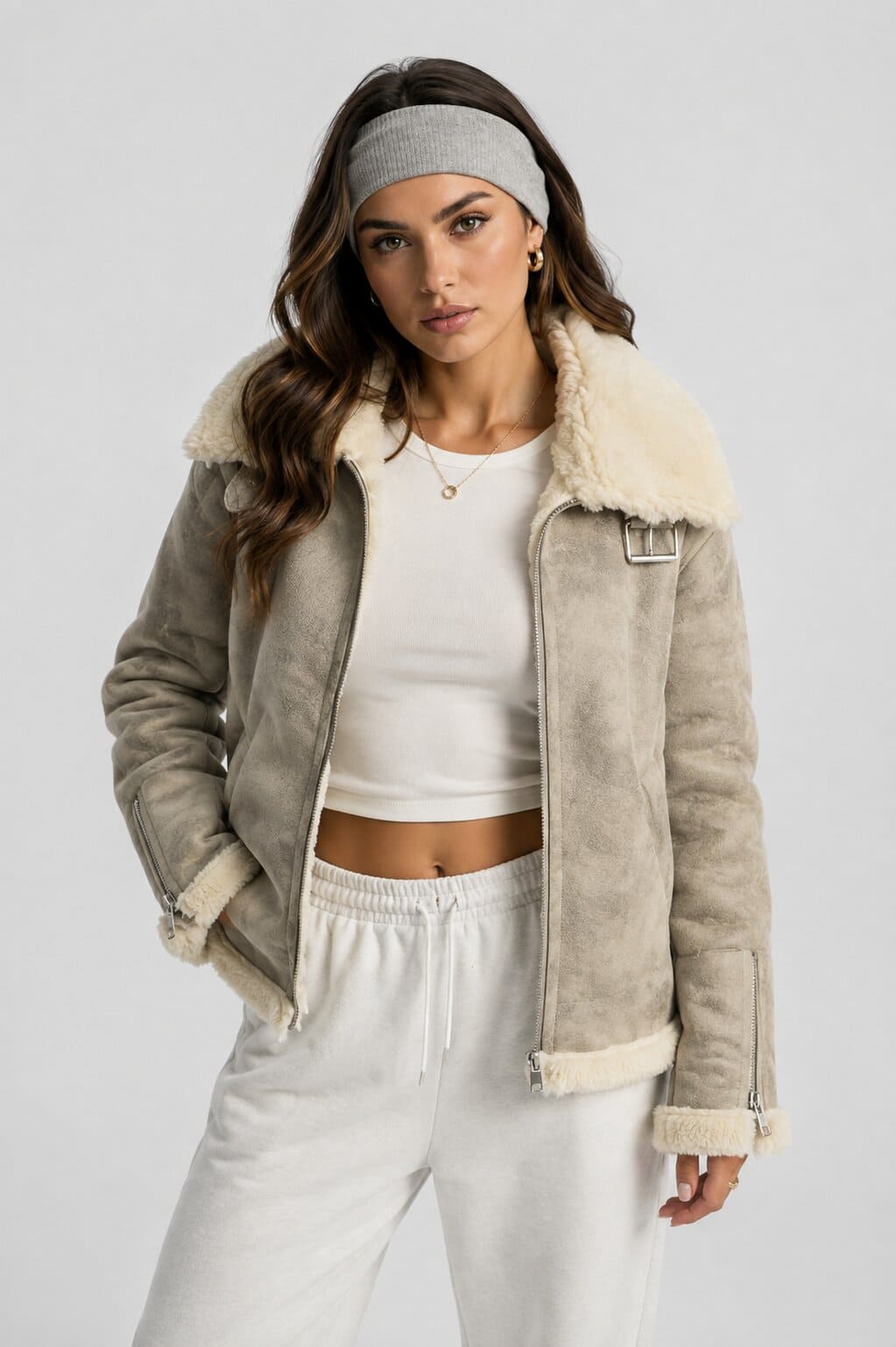 Women's White Distressed Shearling Bomber Leather Jacket front view by avanzar leather