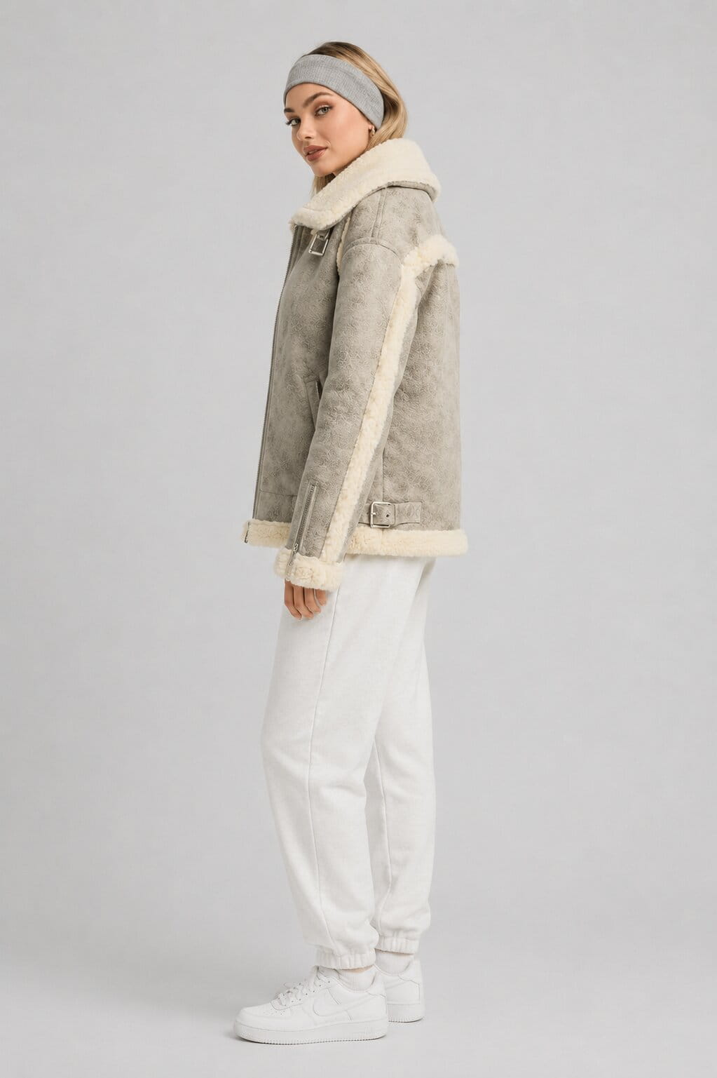 Women's White Distressed Shearling Bomber Leather Jacket sid view by avanzar leather