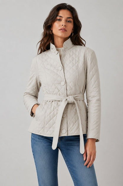 Women's White Quilted Leather Jacket - Classic Modern Style front view by avanzar leather