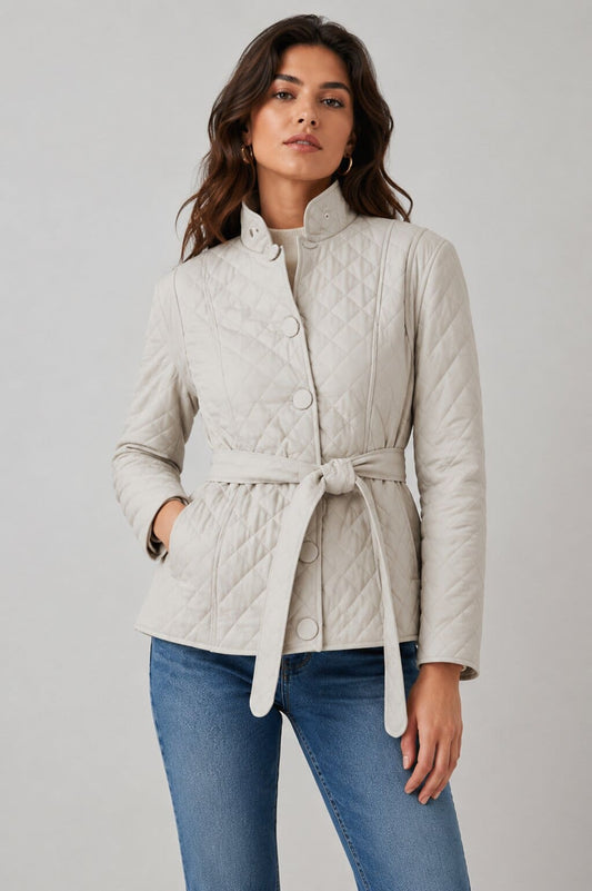 Women's White Quilted Leather Jacket - Classic Modern Style front view by avanzar leather