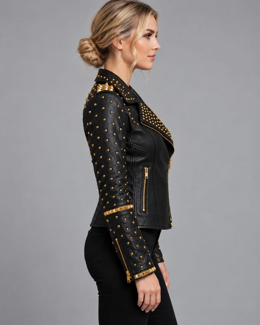 Women's Black Gold Spiked Leather Moto Jacket sid view by avanzar leather