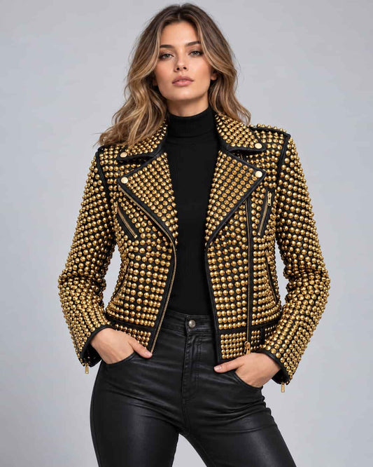Women's Black Gold Studded Leather Biker Jacket with Belt front view by avanzar leather