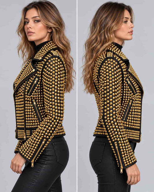 Women's Black Gold Studded Leather Biker Jacket with Belt sid view by avanzar leather