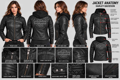 Women's Black Hooded Leather Motorcycle Jacket – Inspired by Harley-Davidson anatomy view by avanzar leather