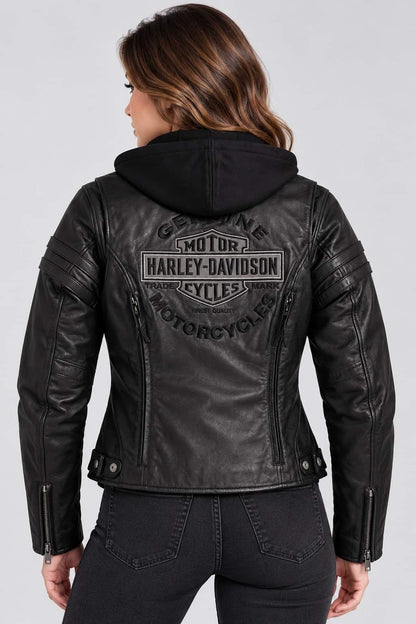 Women's Black Hooded Leather Motorcycle Jacket – Inspired by Harley-Davidson back view by avanzar leather