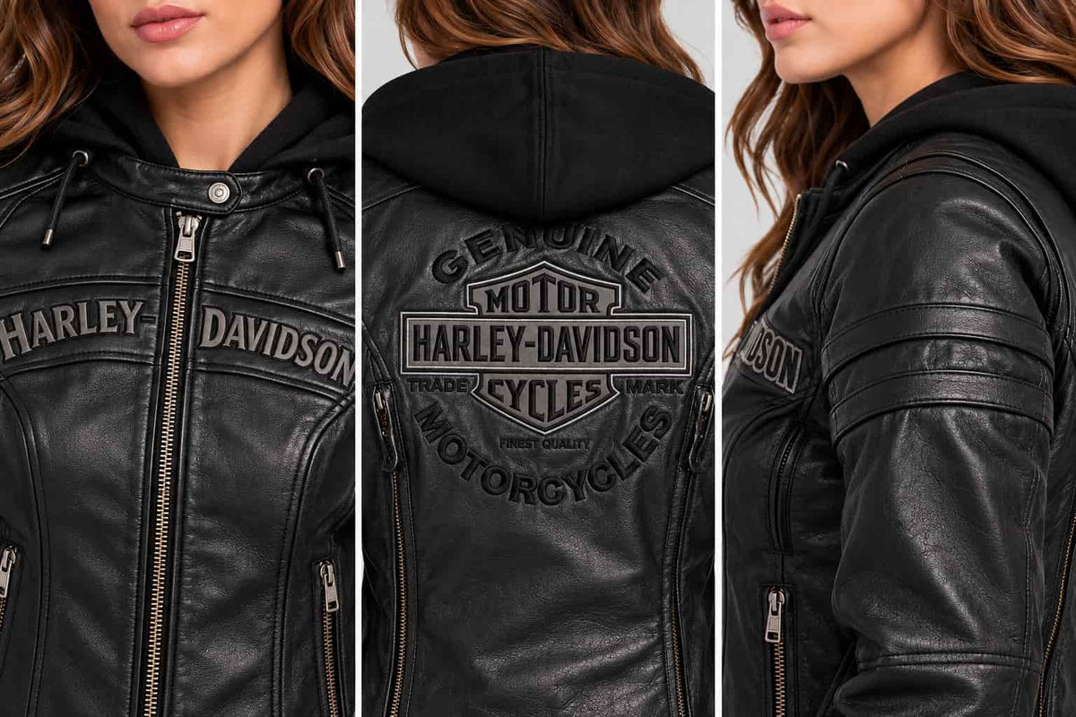 Women's Black Hooded Leather Motorcycle Jacket – Inspired by Harley-Davidson closeup view by avanzar leather