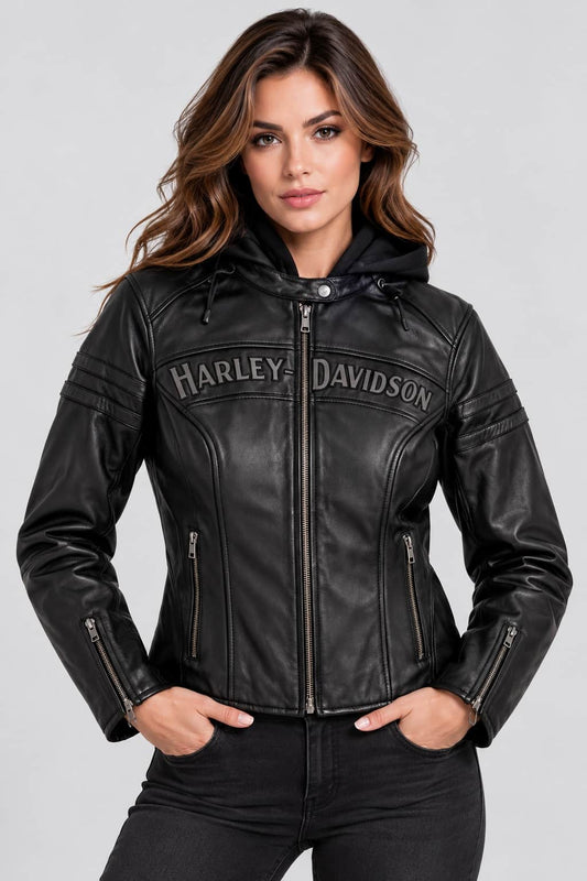 Women's Black Hooded Leather Motorcycle Jacket – Inspired by Harley-Davidson front view by avanzar leather