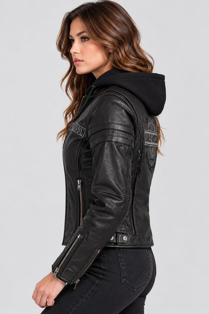Women's Black Hooded Leather Motorcycle Jacket – Inspired by Harley-Davidson sid view by avanzar leather