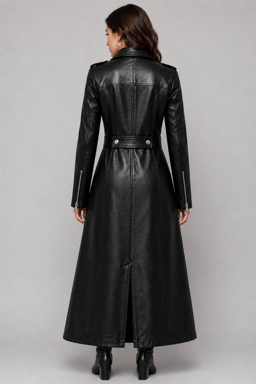 Women's Black Leather Trench Coat – Classic Belted Elegance back view by avanzar leather