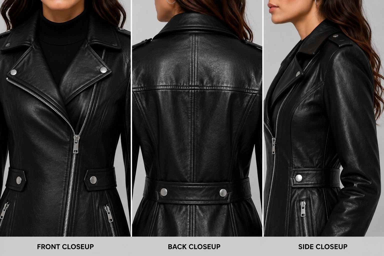 Women's Black Leather Trench Coat – Classic Belted Elegance closeup view by avanzar leather