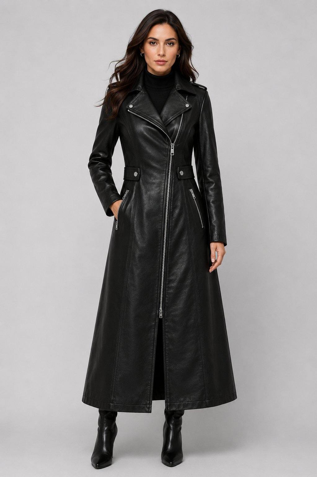 Women's Black Leather Trench Coat – Classic Belted Elegance front view by avanzar leather