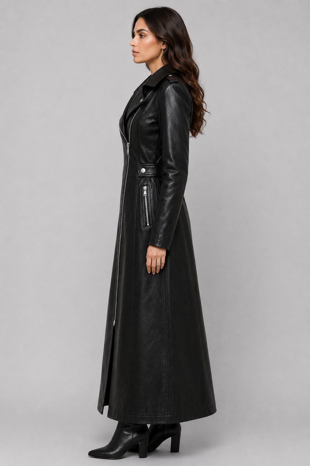 Women's Black Leather Trench Coat – Classic Belted Elegance sid view by avanzar leather