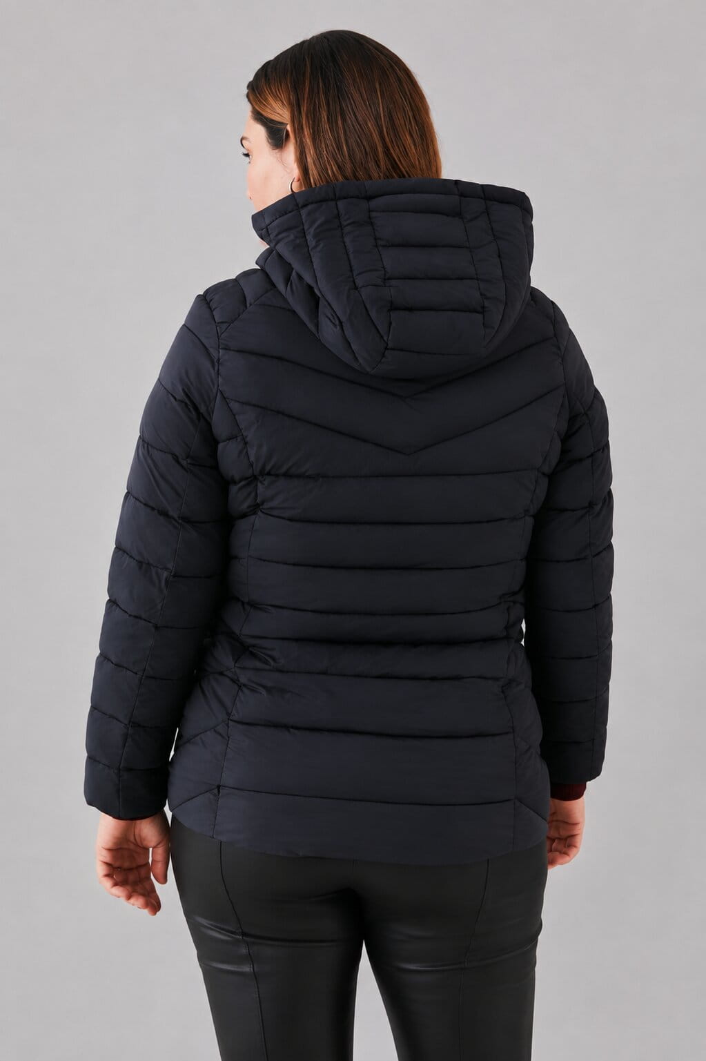 Women's Black Puffer Jacket with Hood - Sleek and Warm back view by avanzar leather