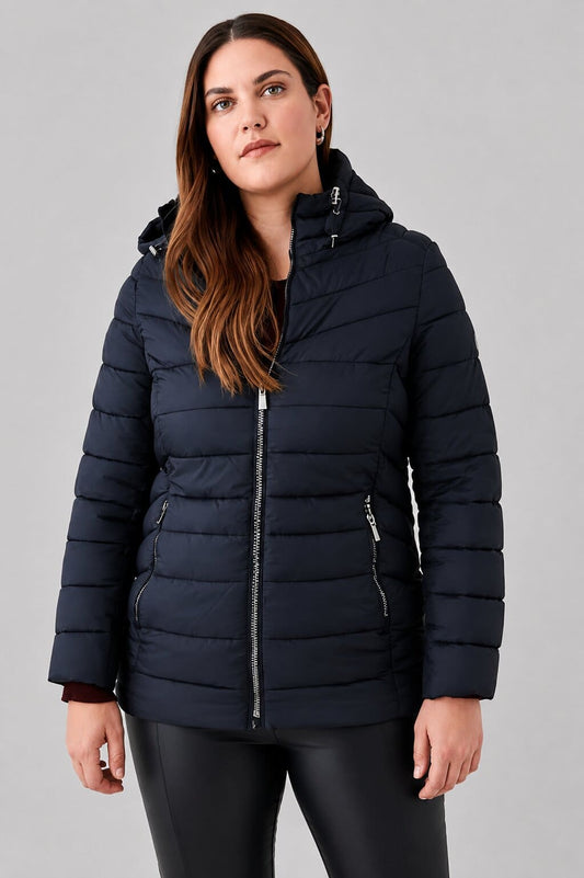 Women's Black Puffer Jacket with Hood - Sleek and Warm front view by avanzar leather 