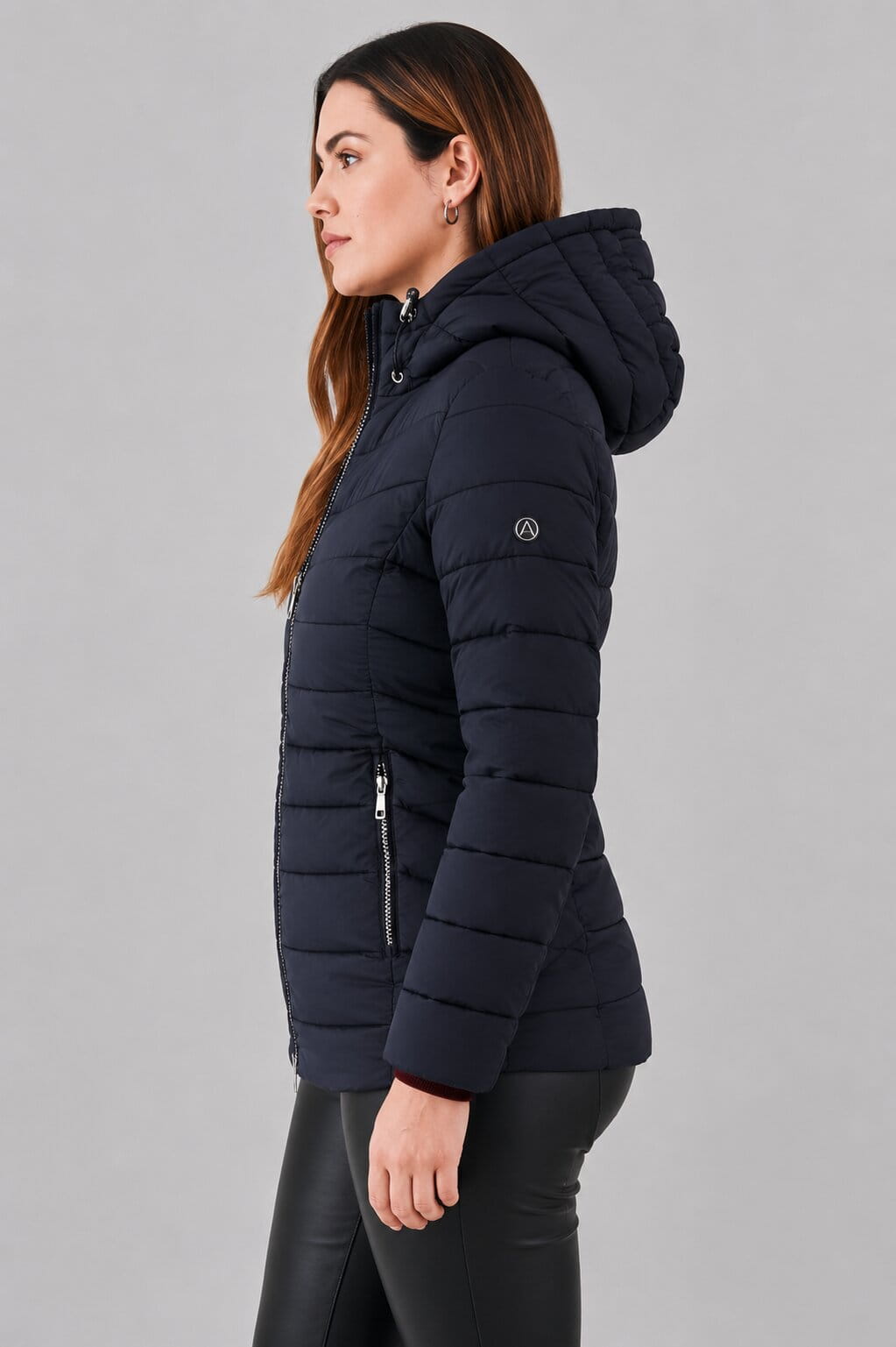 Women's Black Puffer Jacket with Hood - Sleek and Warm sid view by avanzar leather