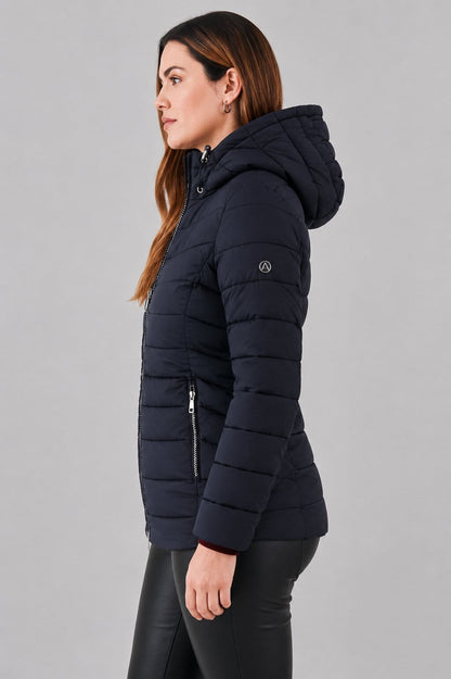 Women's Black Puffer Jacket with Hood - Sleek and Warm sid view by avanzar leather