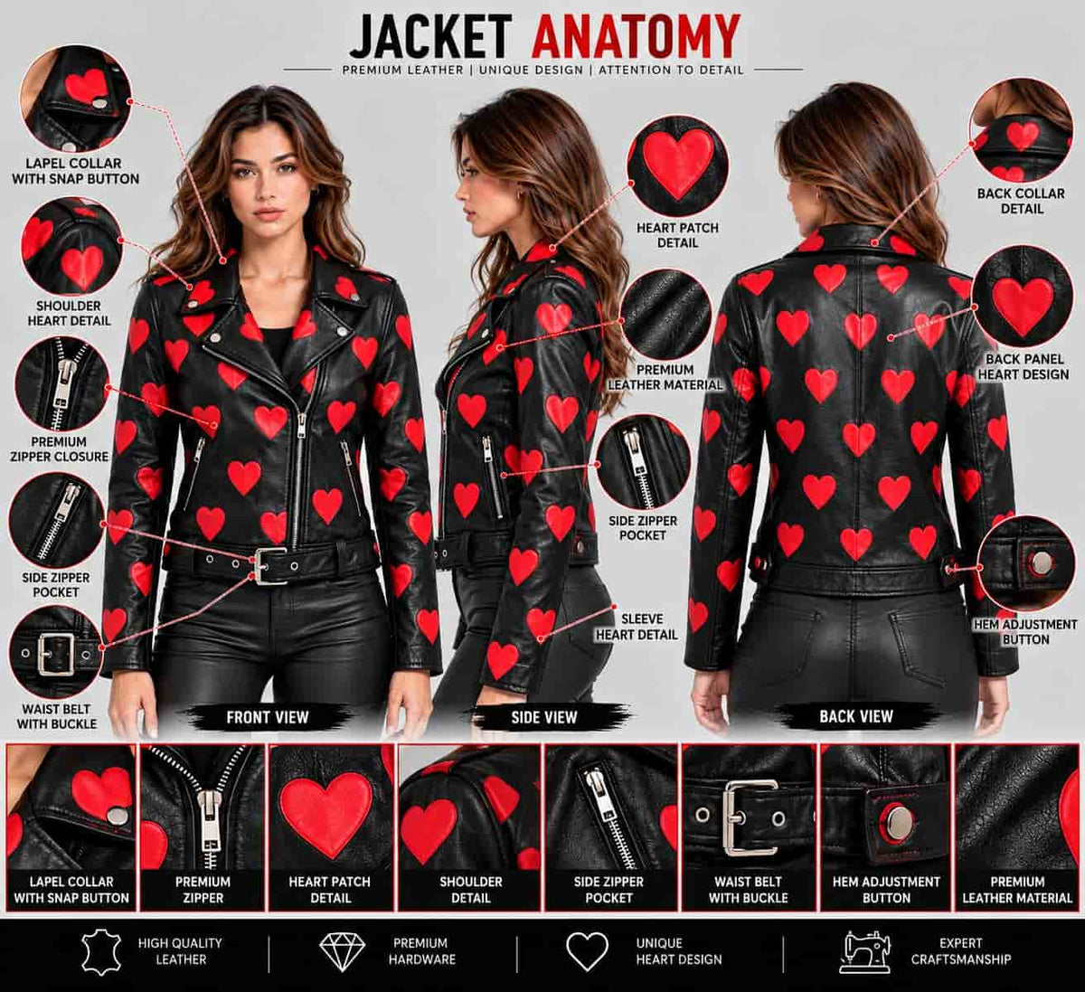 Women's Black & Red Heart Print Leather Biker Jacket anatomy view by avanzar leather
