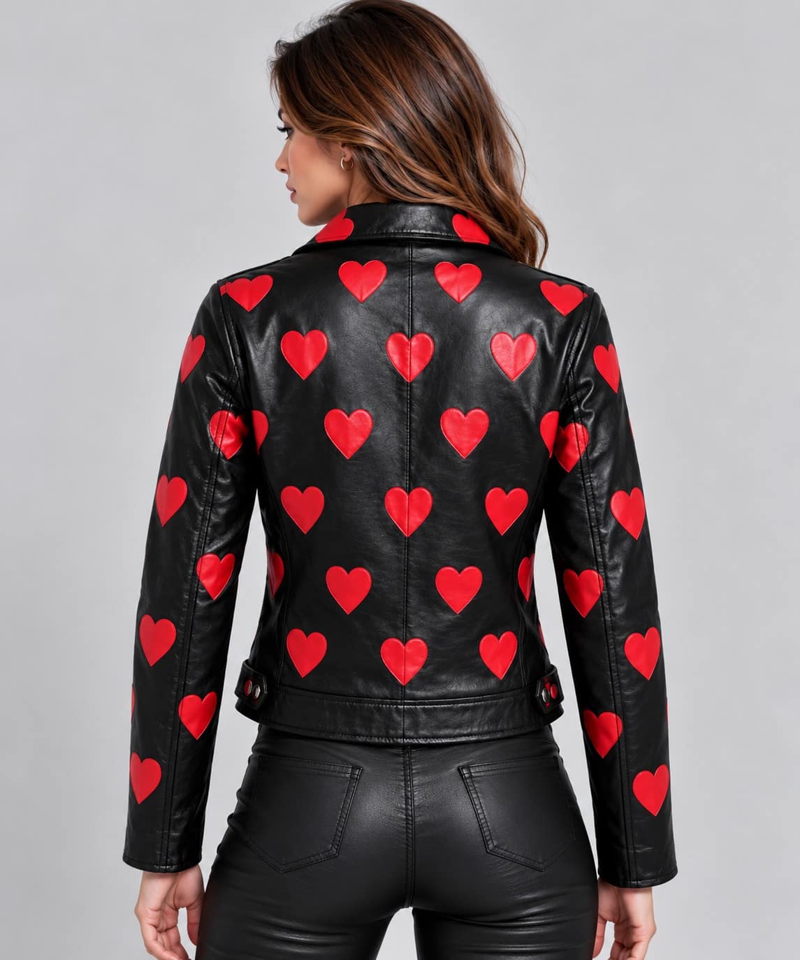 Women's Black & Red Heart Print Leather Biker Jacket back view by avanzar leather