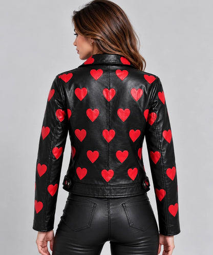 Women's Black & Red Heart Print Leather Biker Jacket back view by avanzar leather