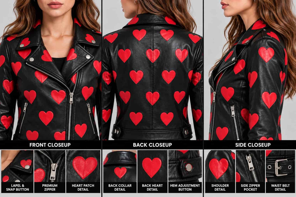 Women's Black & Red Heart Print Leather Biker Jacket closeup view by avanzar leather