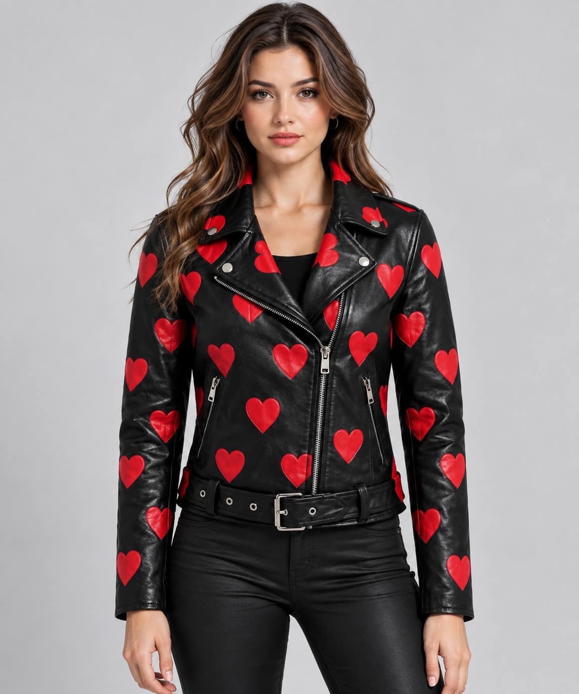 Women's Black & Red Heart Print Leather Biker Jacket front view by avanzar leather