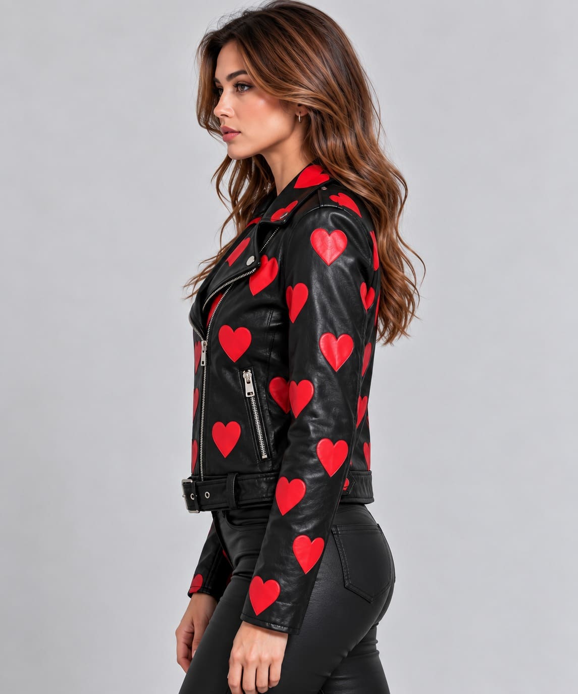 Women's Black & Red Heart Print Leather Biker Jacket sid view by avanzar leather