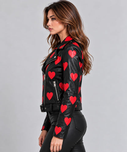 Women's Black & Red Heart Print Leather Biker Jacket sid view by avanzar leather