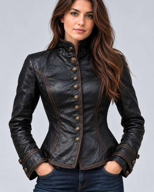 Women's Black Steampunk Military Lambskin Leather Jacket front view by avanzar leather