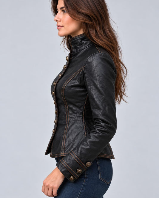 Women's Black Steampunk Military Lambskin Leather Jacket sid view by avanzar leather