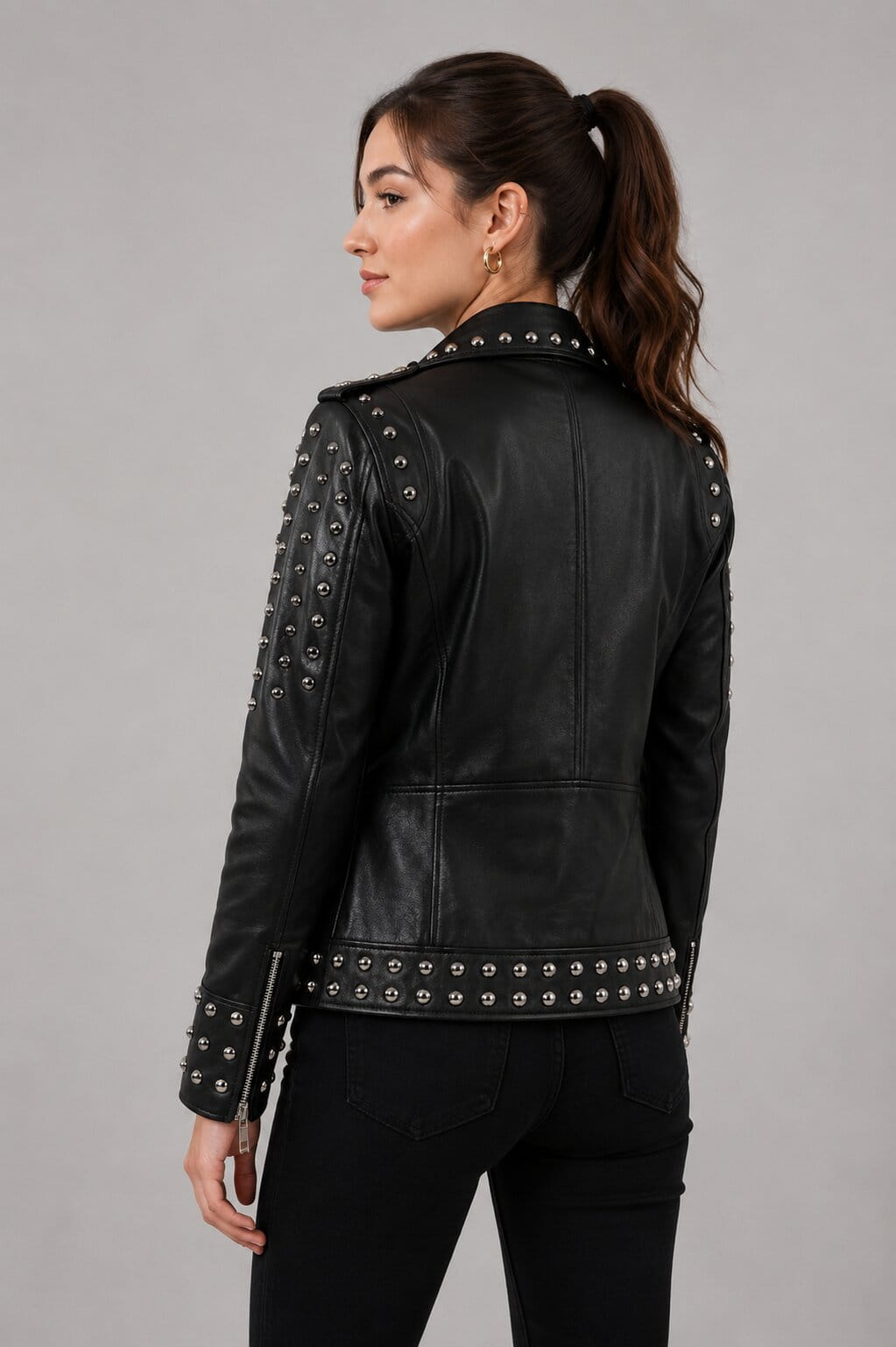 Women's Black Studded Leather Biker Jacket - Edgy Motorcycle Look back view by avanzar leather